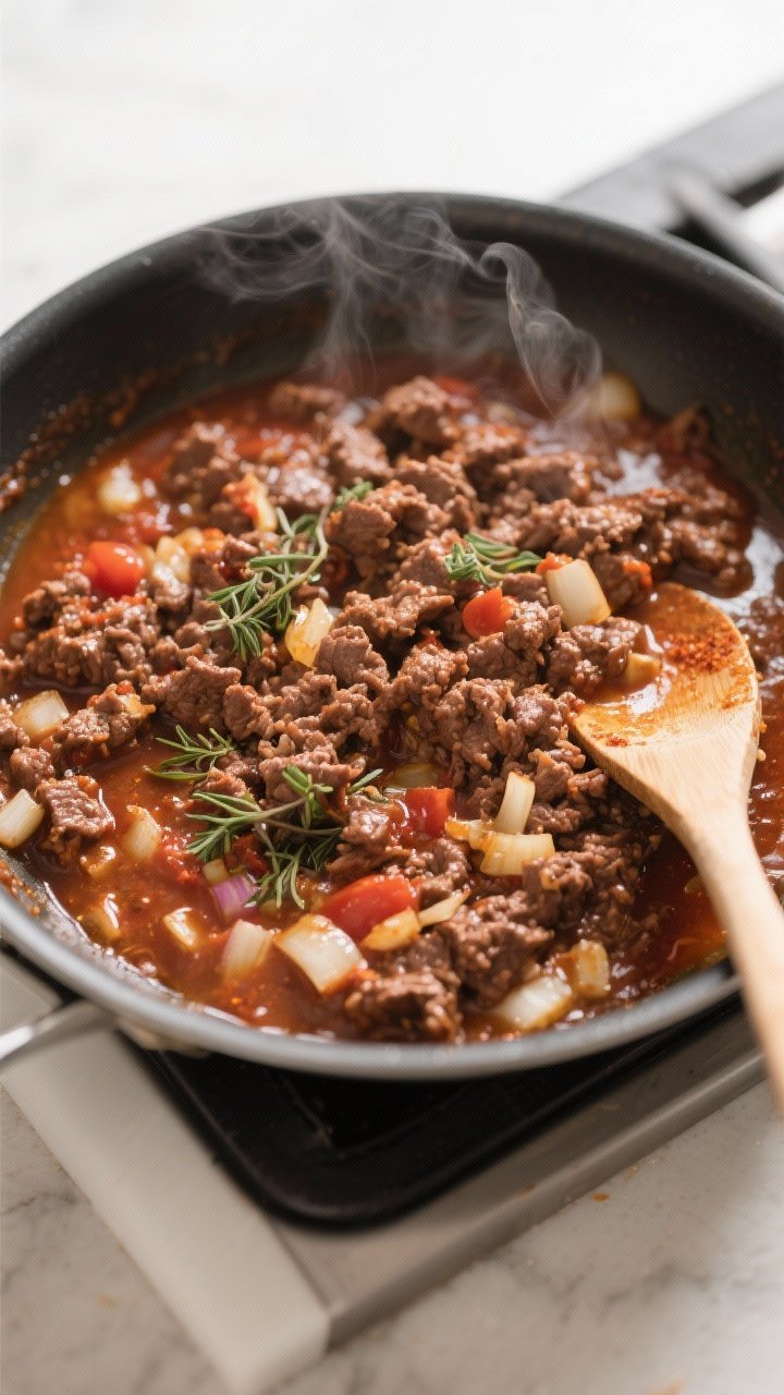 Cooking process: Overhead shot of the beef filling simmering in a wide skillet—crumbled browned be