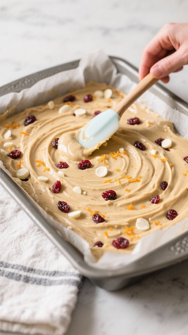 Cooking process: Overhead shot of the blondie-style batter being spread evenly in the parchment-line