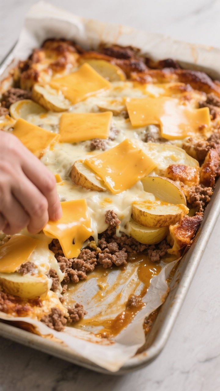 Cooking process: Overhead shot of the casserole mid-bake finish—cheese being added already melted