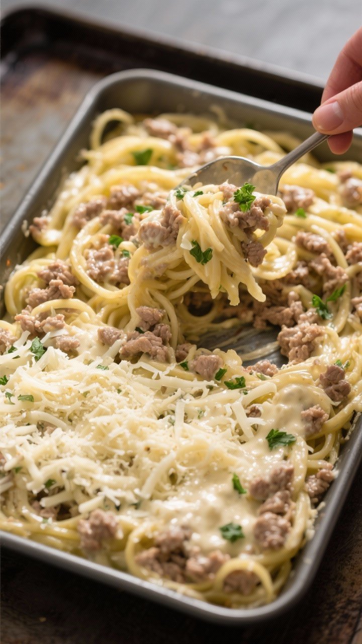 Cooking process: Overhead shot of the combined mixture being spooned into a greased 9x13-inch baking