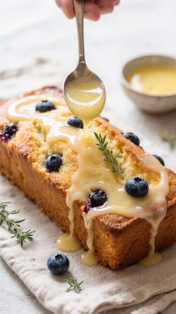 Cooking process: Overhead shot of the cooled loaf being glazed—spoon mid-drizzle pouring a smooth,