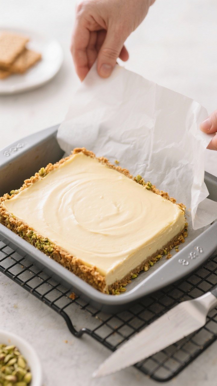 Cooking process: Overhead shot of the freshly baked cheesecake slab being lifted from an 8x8-inch pa