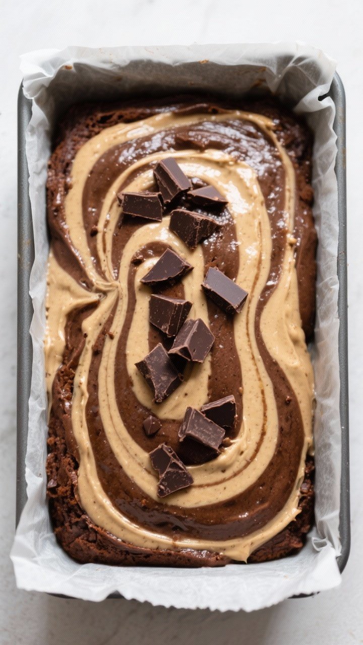 Cooking process: Overhead shot of the layered and gently swirled batter in a parchment-lined 9x5-inc