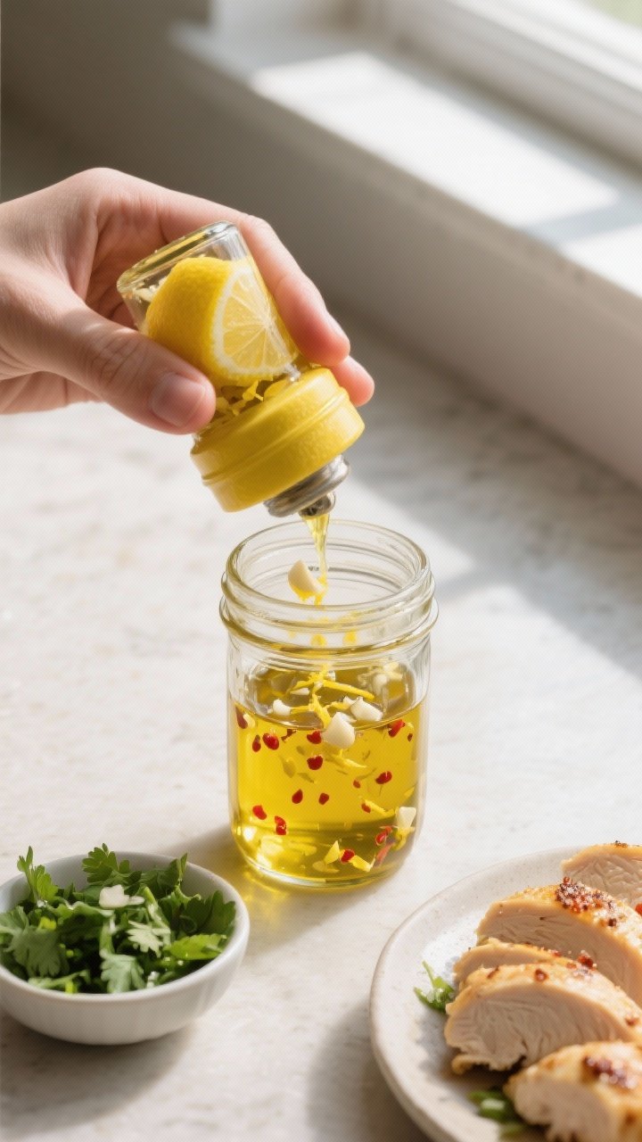 Cooking process: Overhead shot of the lemon-garlic dressing being shaken in a small glass jar—emul