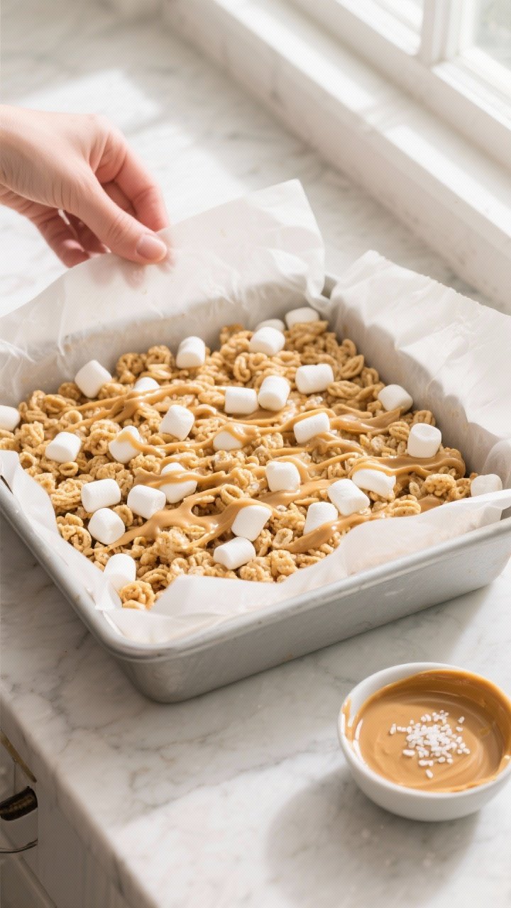 Cooking process: Overhead shot of the marshmallow-cereal mixture being gently pressed into a parchme