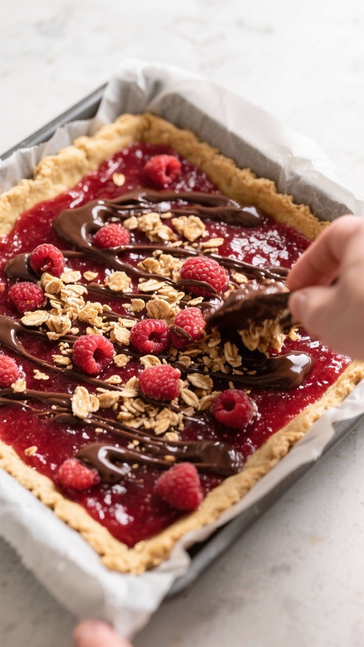Cooking process: Overhead shot of the par-baked oat crust in an 8-inch parchment-lined square pan be