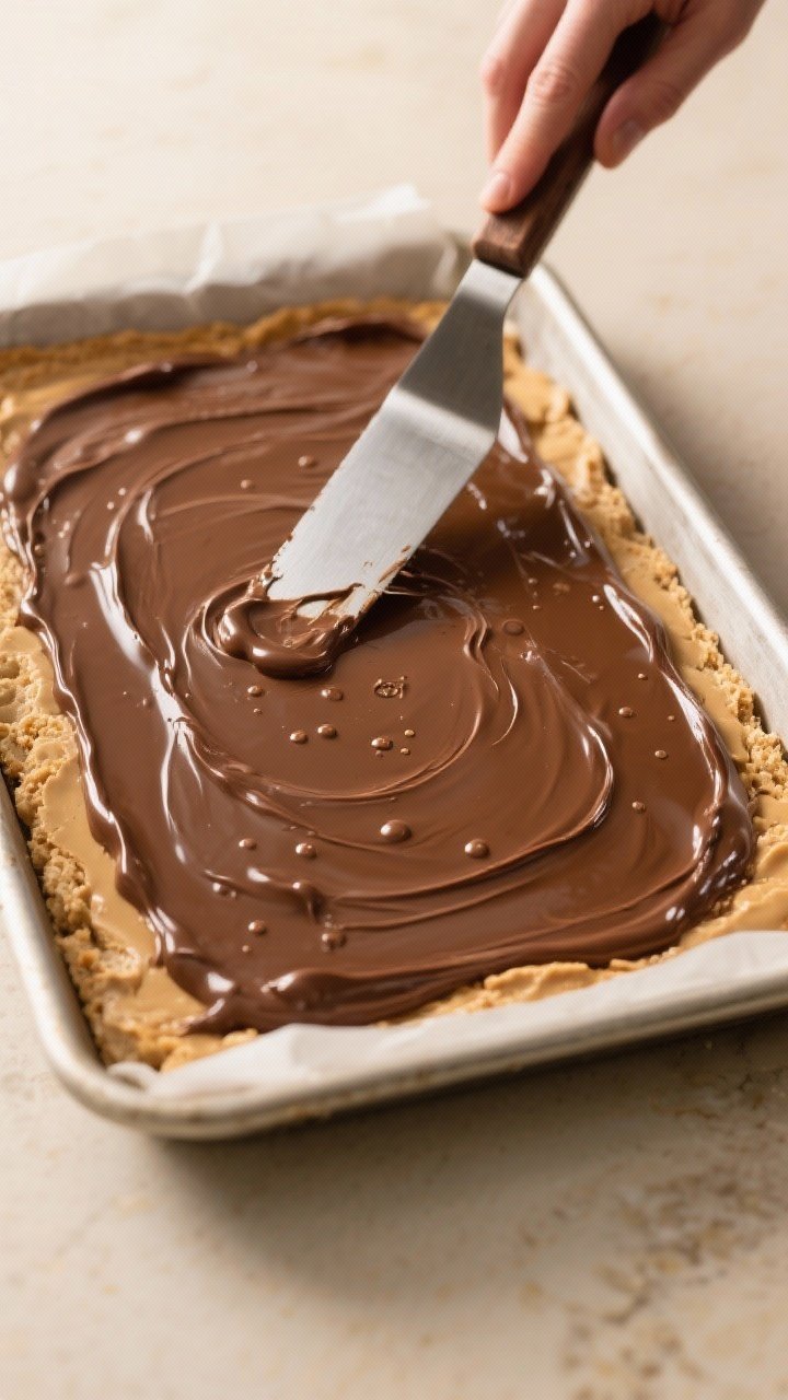Cooking process: Overhead shot of the slab just after spreading the melted chocolate-peanut butter t