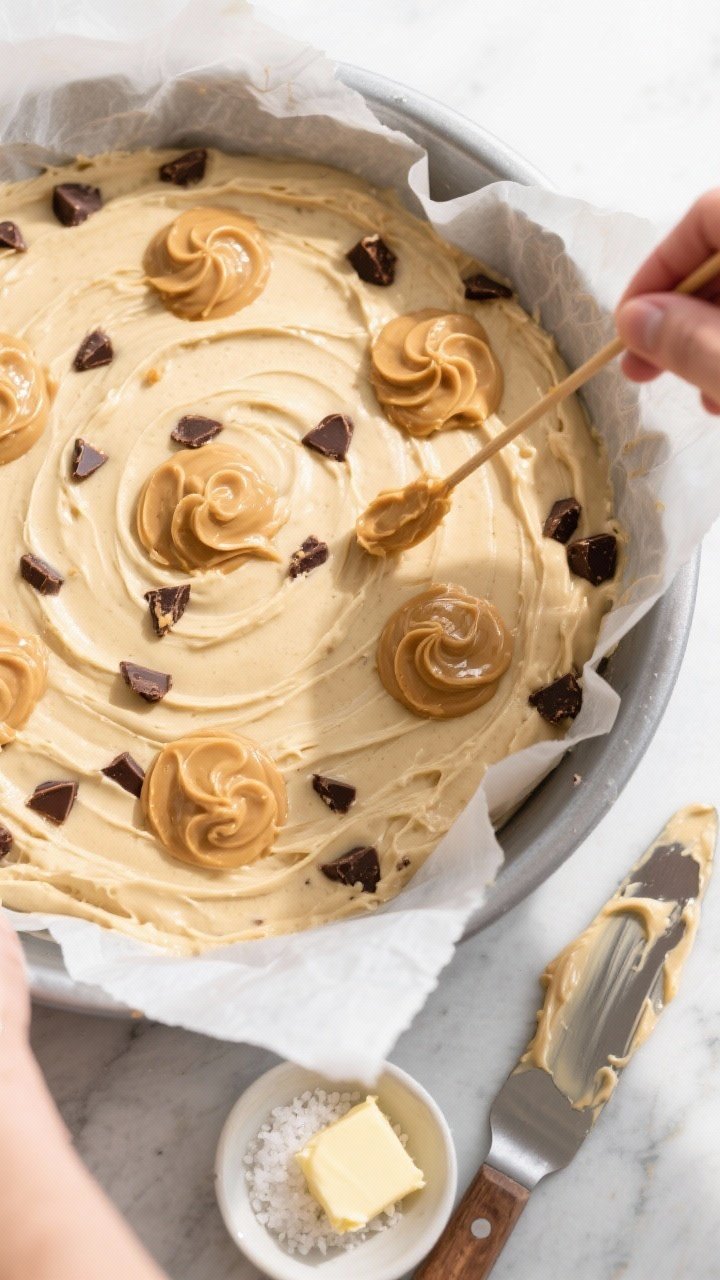 Cooking process: Overhead shot of the thick blondie batter smoothed in a parchment-lined 8-inch pan 