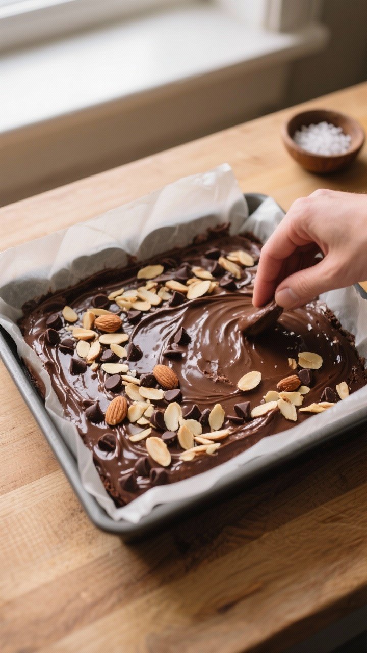 Cooking process: Overhead shot of the thick, glossy batter being smoothed into a parchment-lined 8-i
