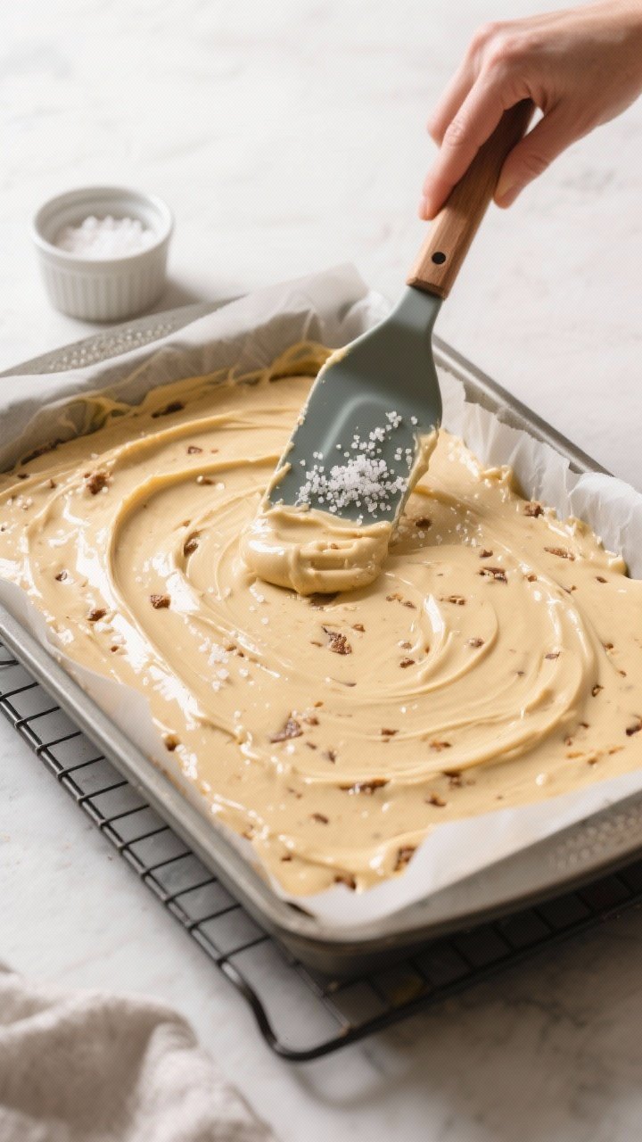 Cooking process: Overhead shot of the thick, glossy blondie batter being smoothed evenly into a parc