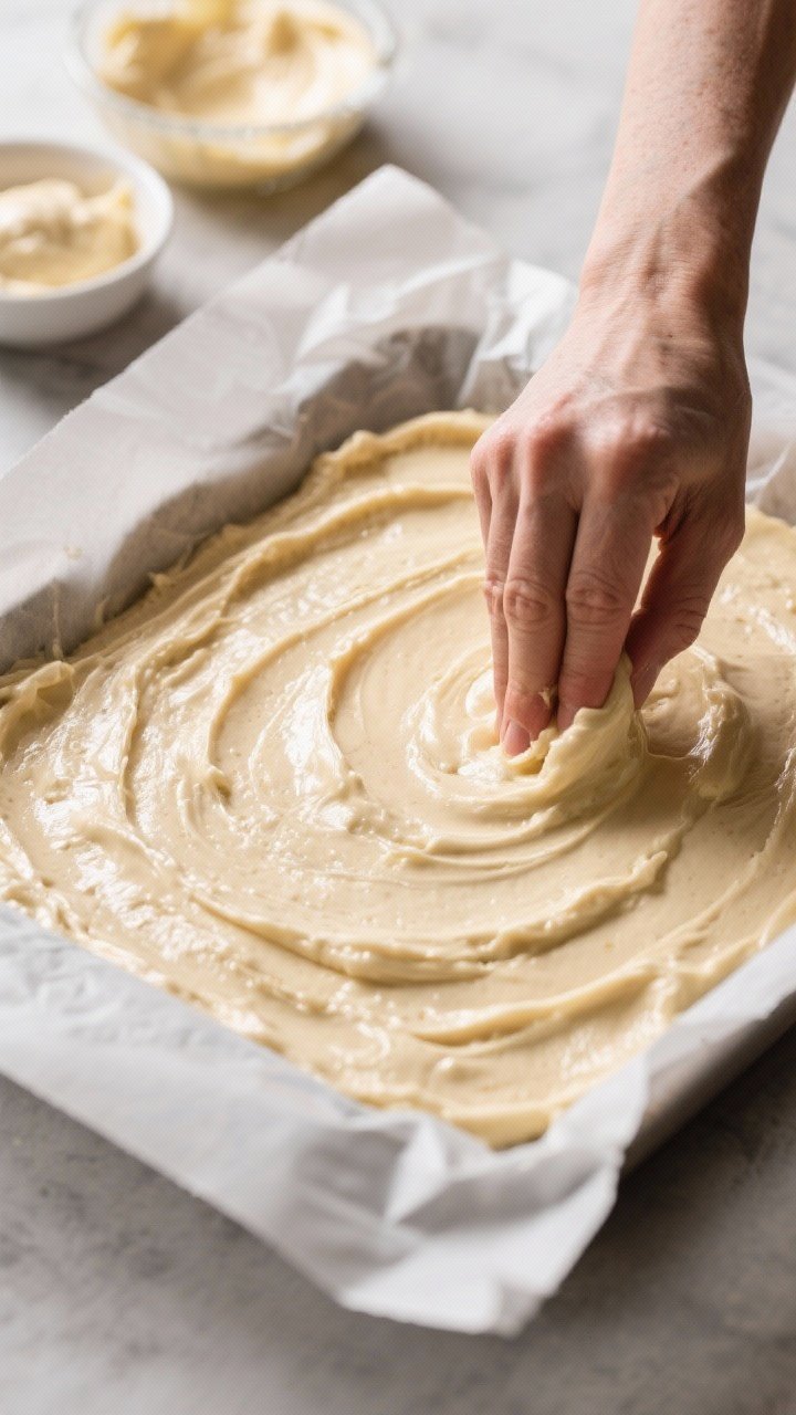 Cooking process: Overhead shot of the thick, spreadable batter being smoothed in a parchment-lined