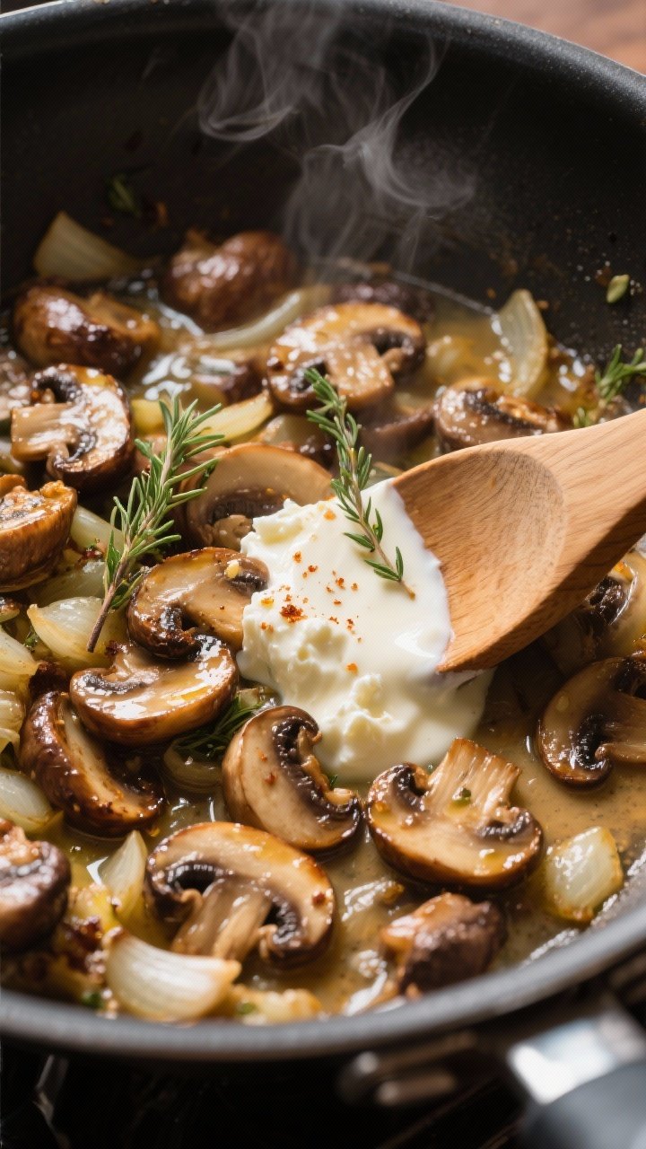 Cooking process: Sautéed mushroom mixture in a large skillet mid-cook, showing deeply caramelized c