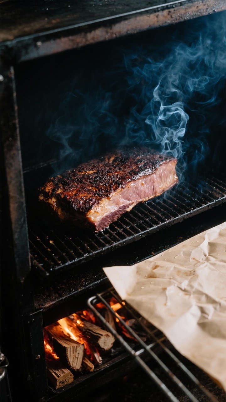 Cooking process shot: Overhead view inside an offset smoker at 225–250°F showing a full packer br