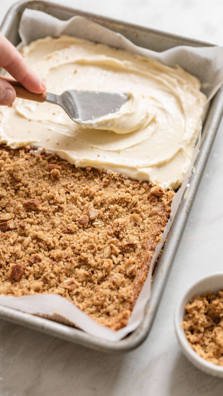 Cooking process shot: Overhead view of an 8-inch square pan during assembly, half the thick, pale ba