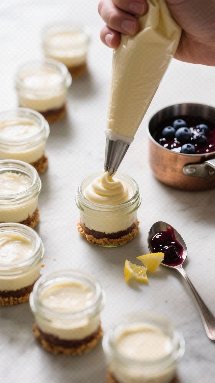 Cooking process shot: Overhead view of assembly in progress—several small jars lined up with crust