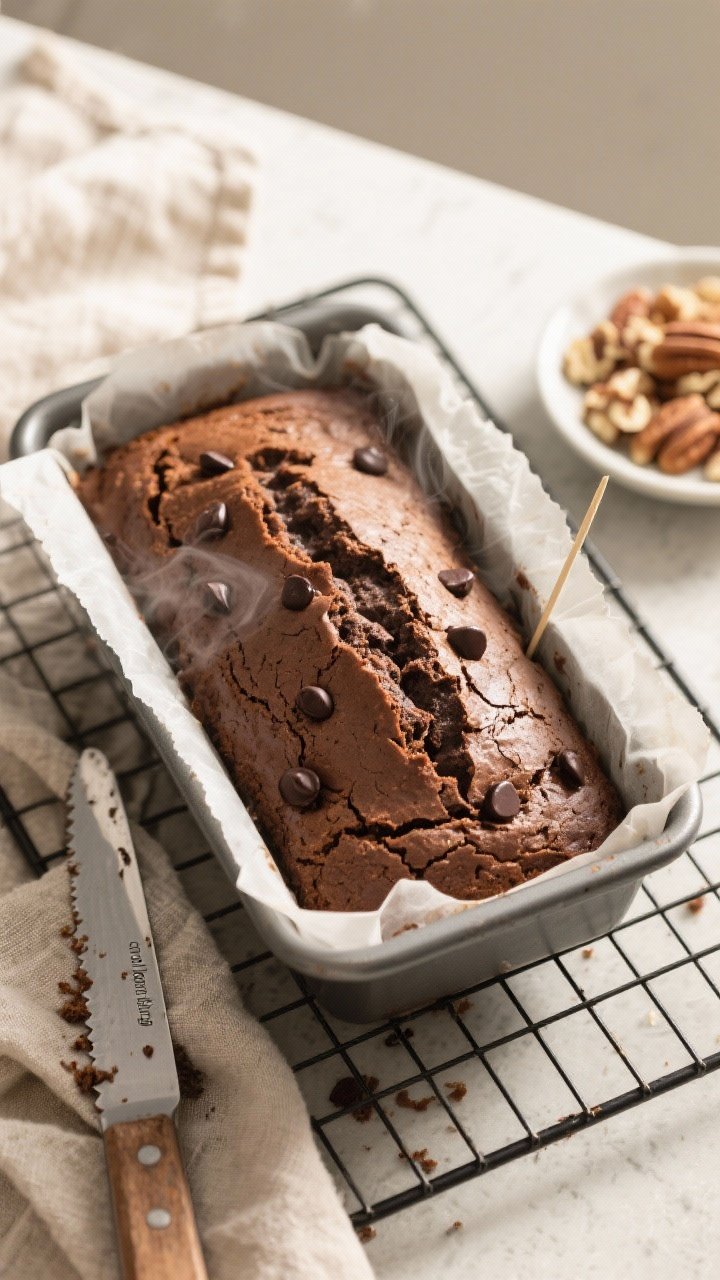 Cooking process shot: Overhead view of the baked loaf cooling in a 9x5-inch parchment-lined pan on a