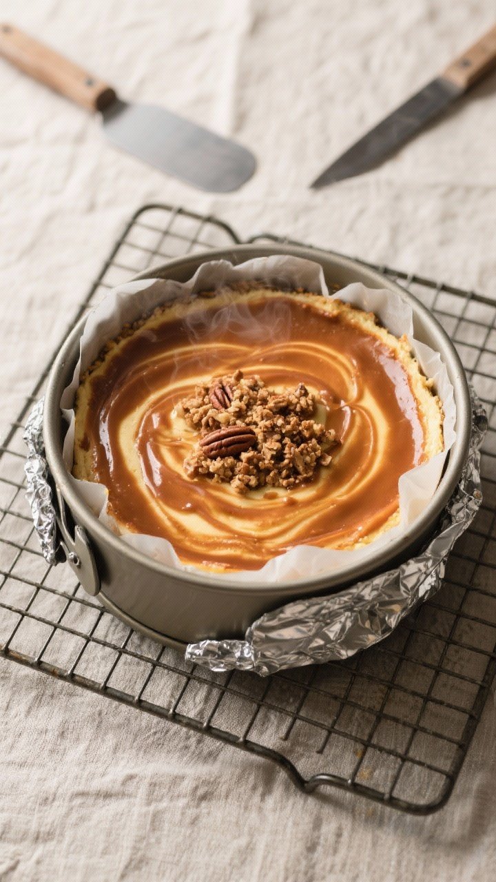 Cooking process shot: Overhead view of the cheesecake just out of the oven and cooling on a wire rac