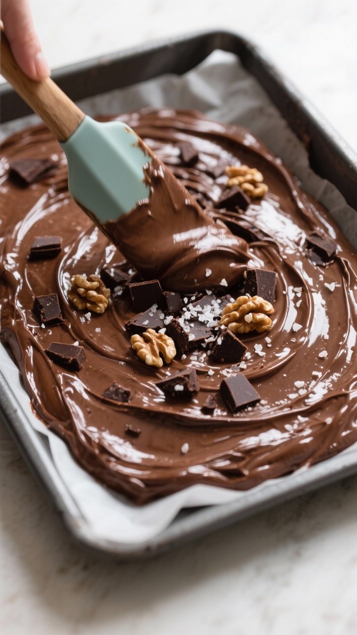 Cooking process shot: Overhead view of the glossy brownie batter being smoothed into the prepared pa