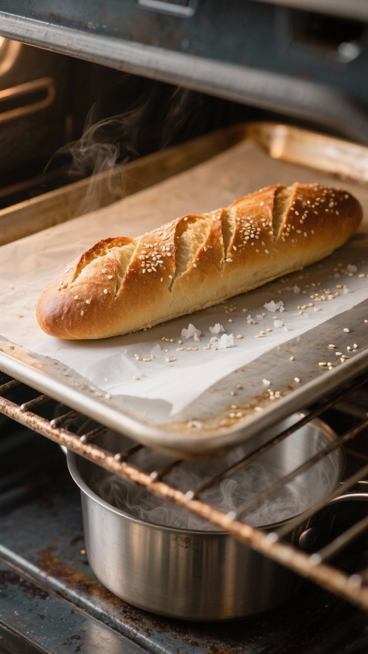 Cooking process shot: Overhead view of the shaped 12–14 inch baguette on parchment just before the