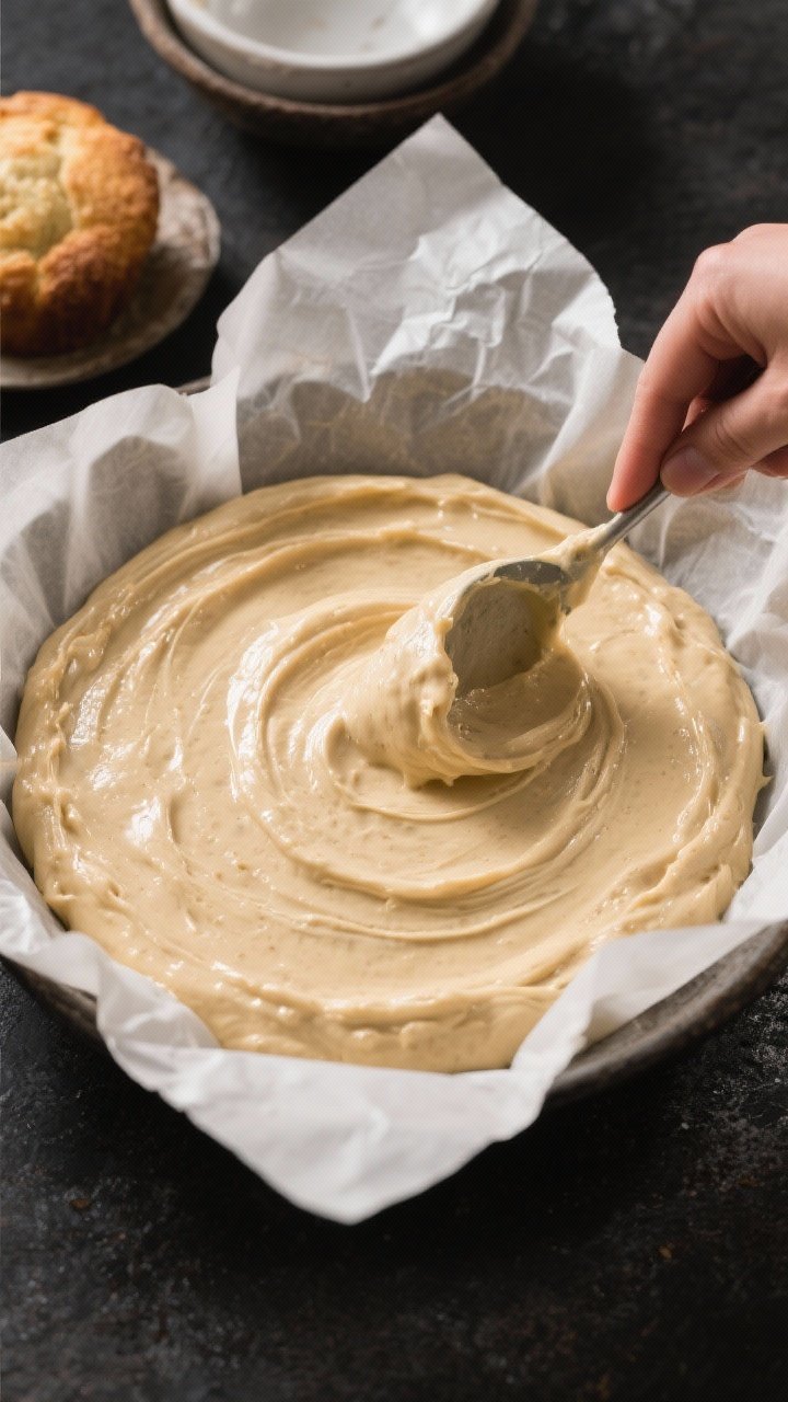 Cooking process shot: Overhead view of the thick, scoopable batter being smoothed in a parchment-lin