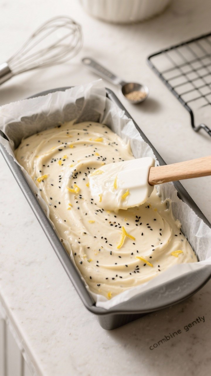 Cooking process shot: Overhead view of the thick but pourable batter being smoothed in a parchment-l