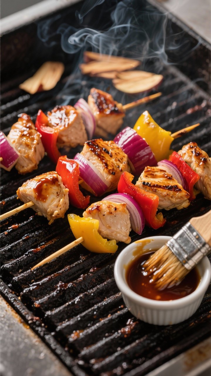 Cooking process shot: Skewers on a hot grill mid-turn, alternating chunks of chicken, red onion, and