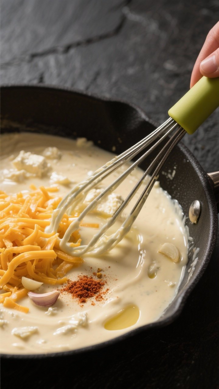 Cooking process shot: The creamy cheddar sauce being finished off-heat in a black skillet—silky bl