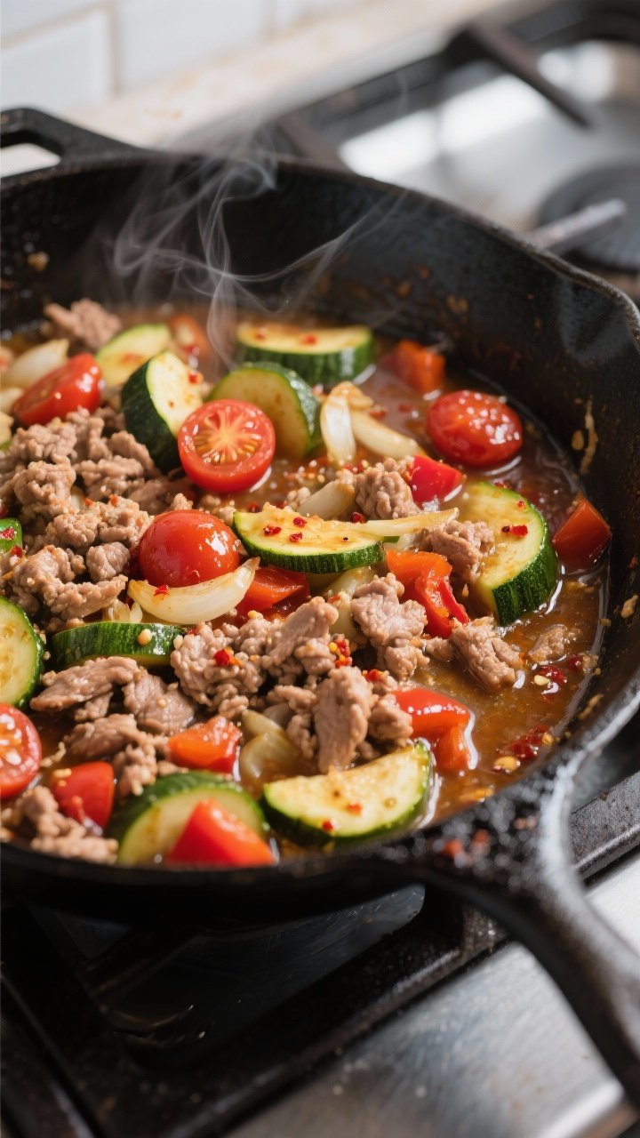 Cooking process, skillet action: Sautéed turkey zucchini skillet mid-simmer in a large black cast-i