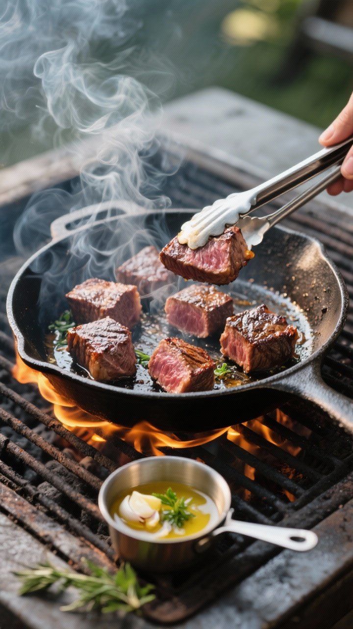 Cooking process: Steak bites searing in a blazing-hot cast-iron skillet on the grill, spaced apart f