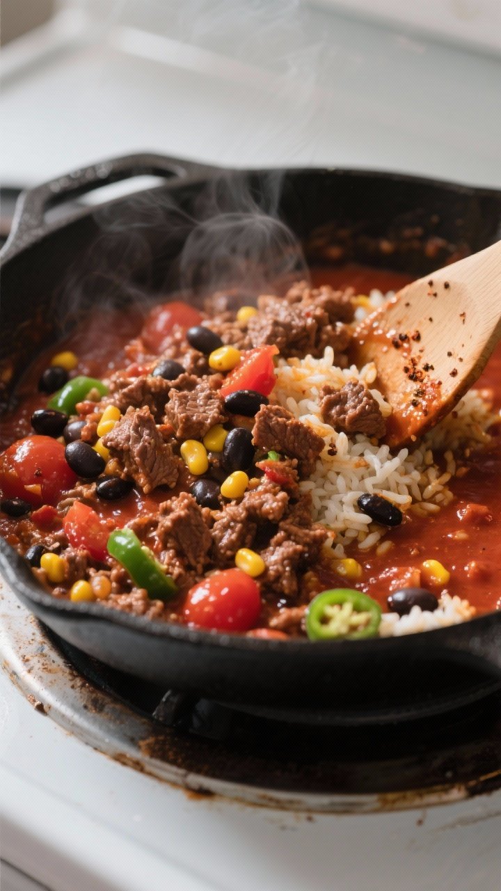 Cooking process, stovetop skillet scene: Close-up of the saucy Tex-Mex beef and rice mixture just af