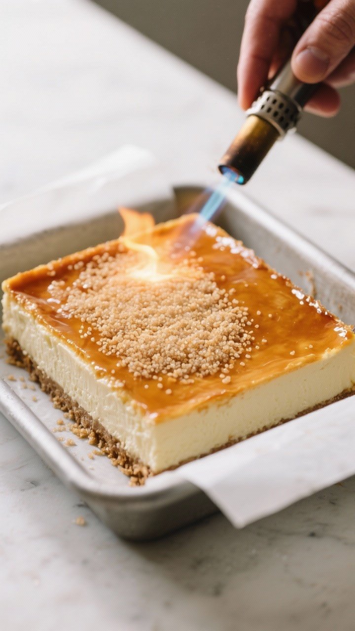 Cooking process: The caramelization step in action—an 8x8 pan of fully chilled cheesecake bars cov