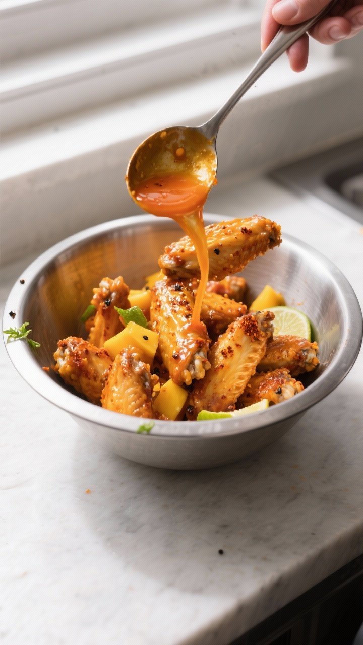 Cooking process: Tossing hot wings in a large stainless bowl with warm mango habanero sauce—silky,