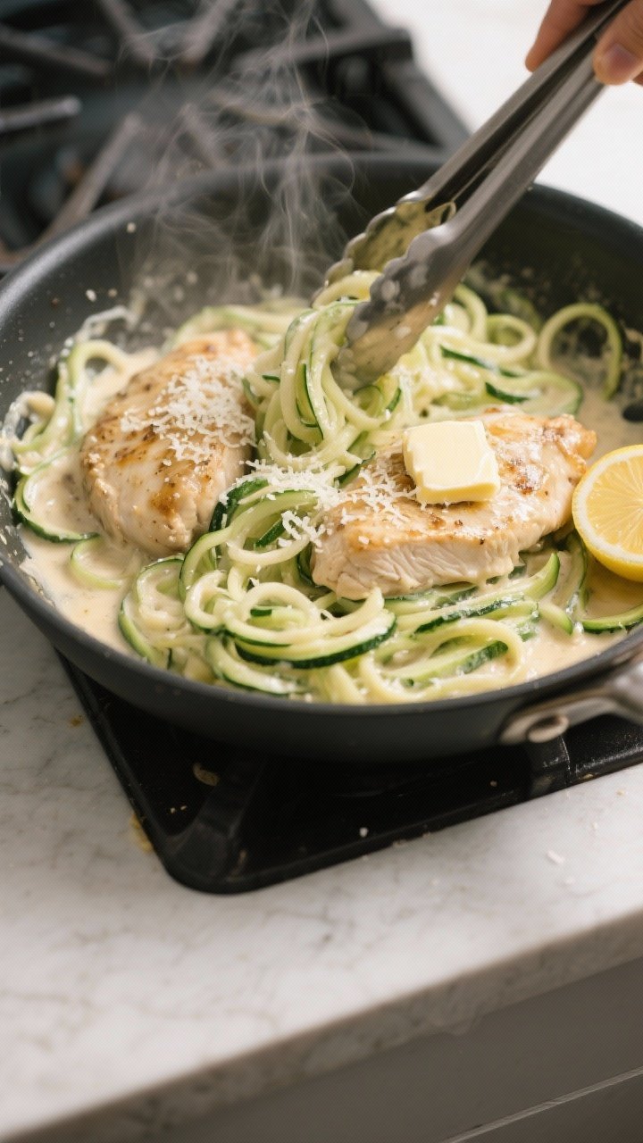 Cooking process: Zucchini noodles just added to the skillet of Alfredo-coated chicken, being gently 
