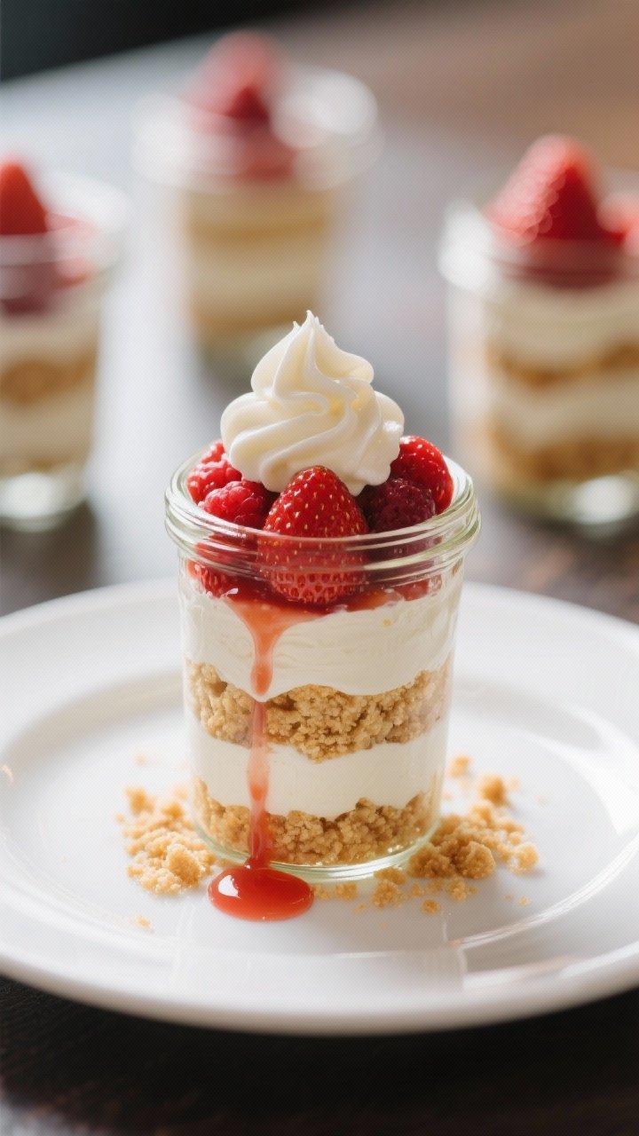 Final dish glamour shot at a 45-degree angle: a single hero Strawberry Shortcake Cup in a small glas