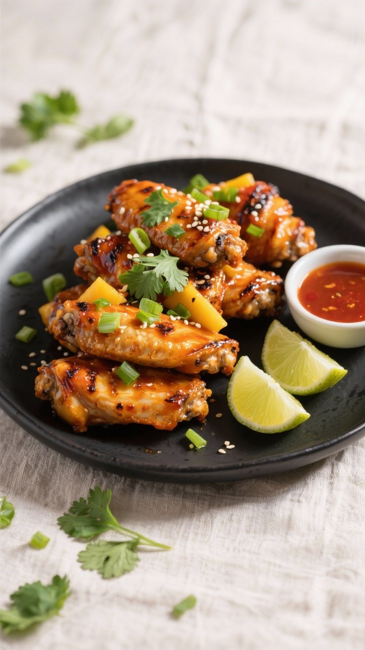 Final dish, overhead: Platter of Spicy Mango Habanero Chicken Wings arranged in a tight, stack on a 