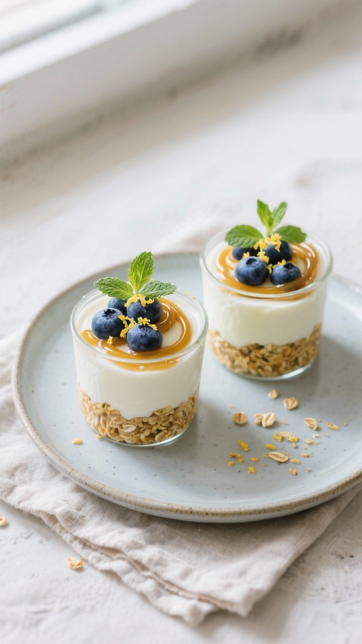 Final dish overhead: Two finished blueberry no-bake yogurt desserts served in small tumblers on a co