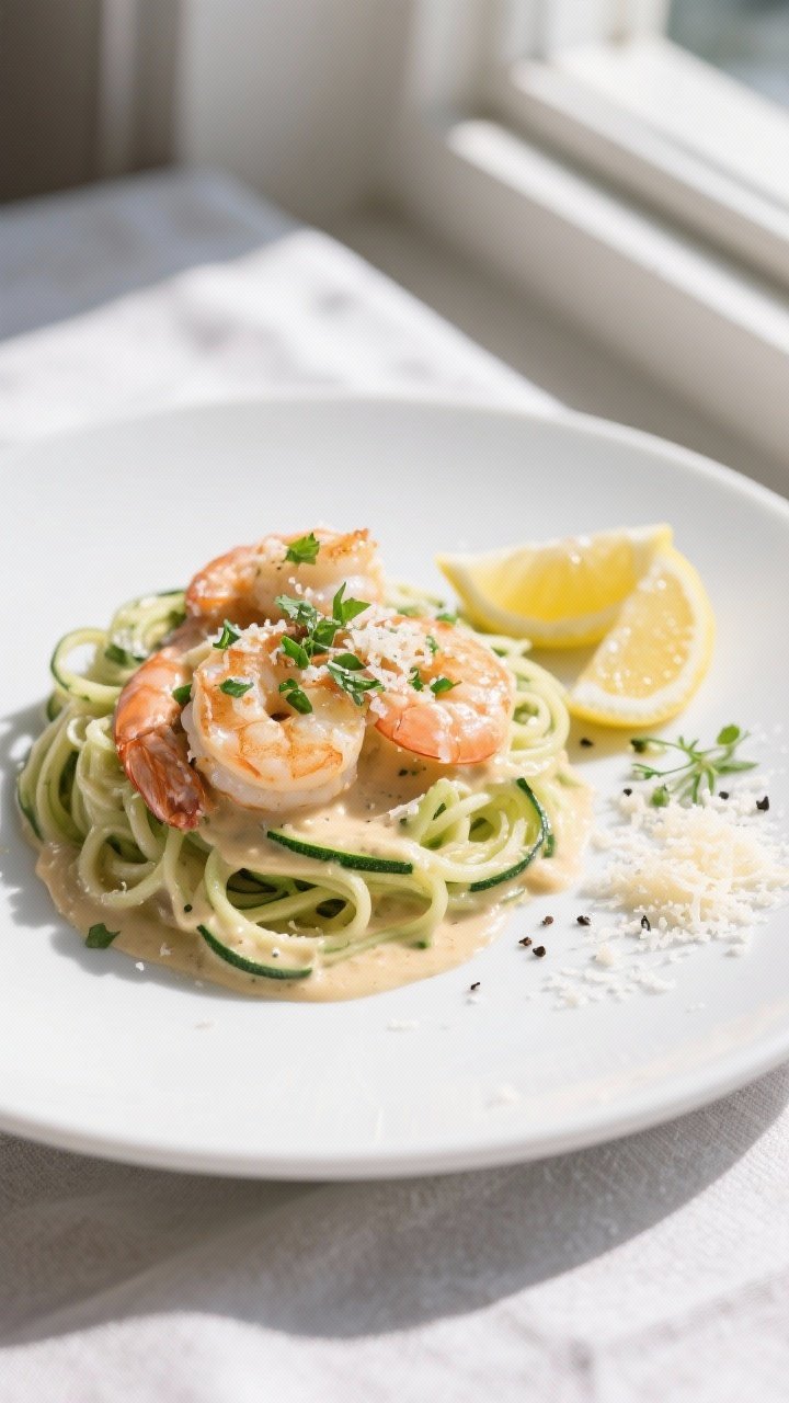 Final dish, plated restaurant style: Creamy keto garlic shrimp nestled in a glossy Parmesan cream sa