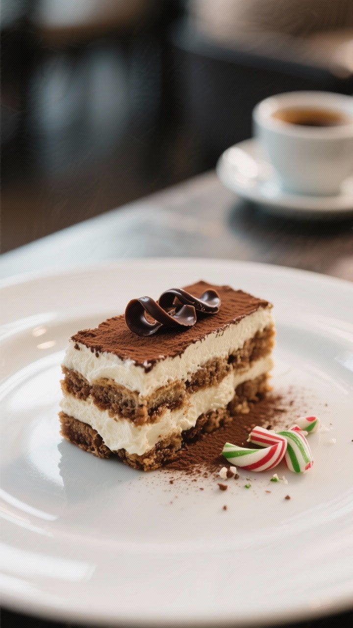 Final dish presentation: A restaurant-quality slice of Peppermint Mocha Tiramisu plated on a matte w