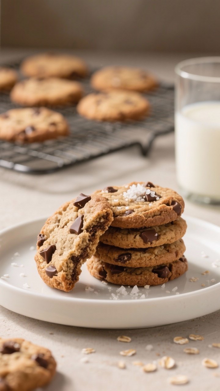 Final dish presentation: A small stack of oat flour chocolate chip cookies on a simple white plate, 
