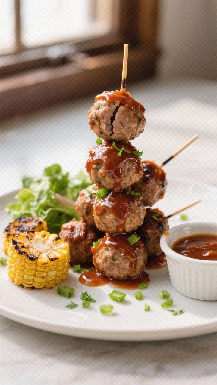 Final dish presentation: Beautifully plated BBQ turkey meatball skewers stacked on a matte white pla