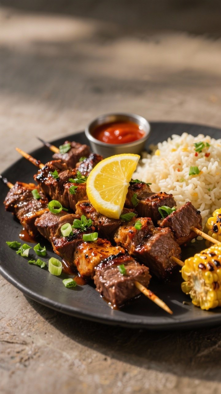 Final dish presentation: Beautifully plated Cajun Grilled Beef Kabobs on a matte charcoal platter, s