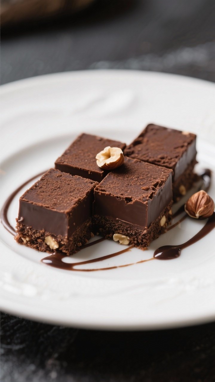 Final dish presentation: Beautifully plated Dark Chocolate Hazelnut Dessert Squares cut into