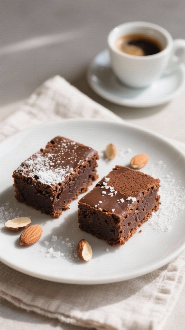Final dish presentation: Beautifully plated Dark Chocolate Almond Snack Cake squares arranged on a m