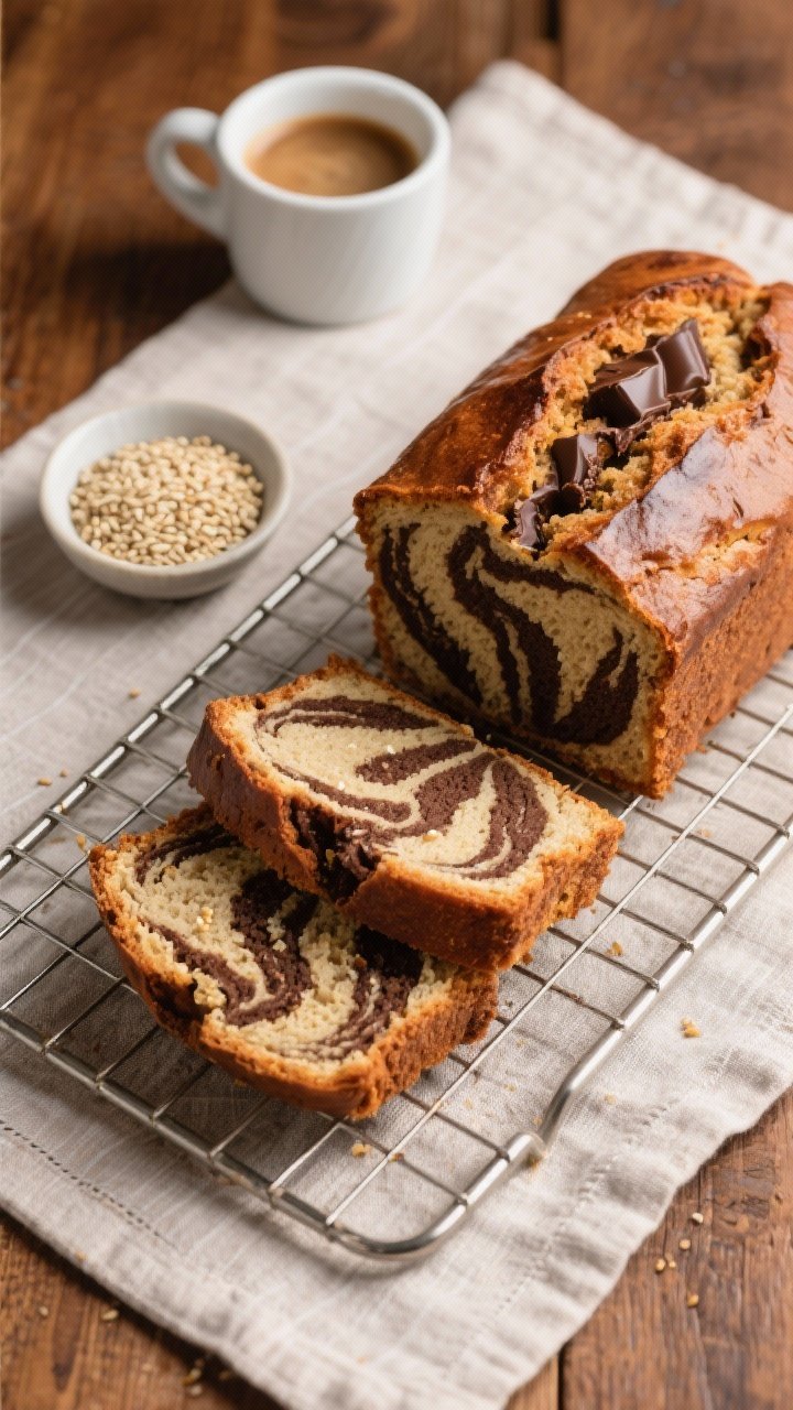 Final dish presentation: Beautifully plated, fully cooled loaf on a wire rack with two even slices f