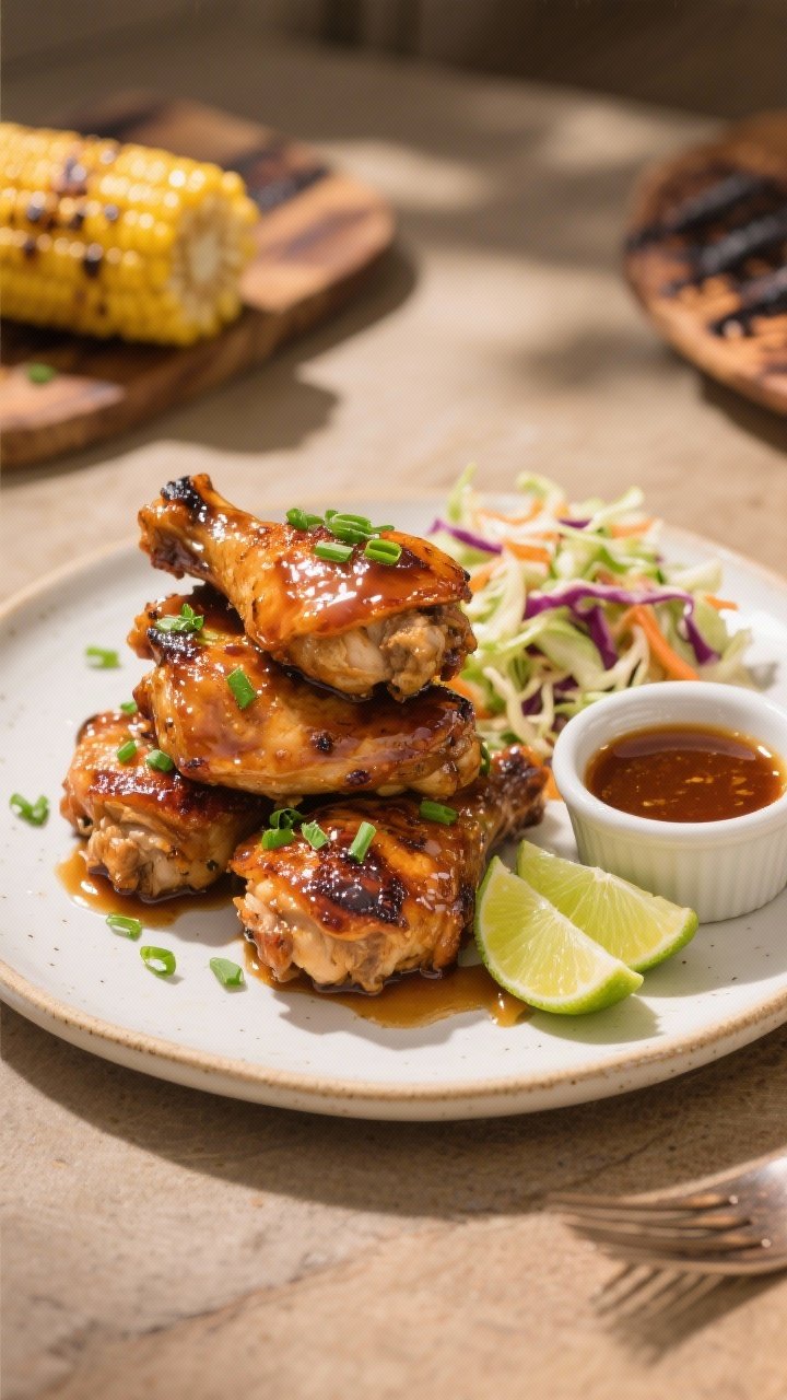 Final dish presentation: Beautifully plated honey bourbon grilled chicken thighs stacked on a warm w