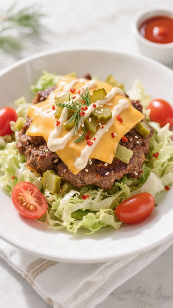 Final dish presentation: Beautifully plated keto cheeseburger skillet bowl—overhead hero shot of a