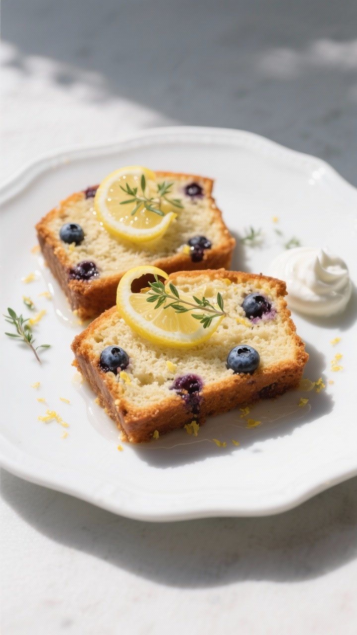 Final dish presentation: Beautifully plated slices of lemon blueberry pound cake on a simple white c