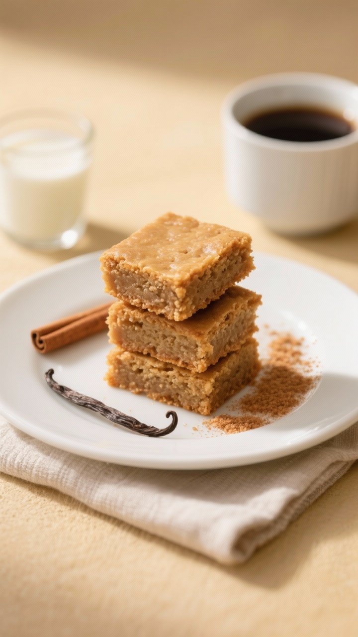 Final dish presentation: Beautifully plated Soft Cinnamon Sugar Blondies stacked in a staggered towe