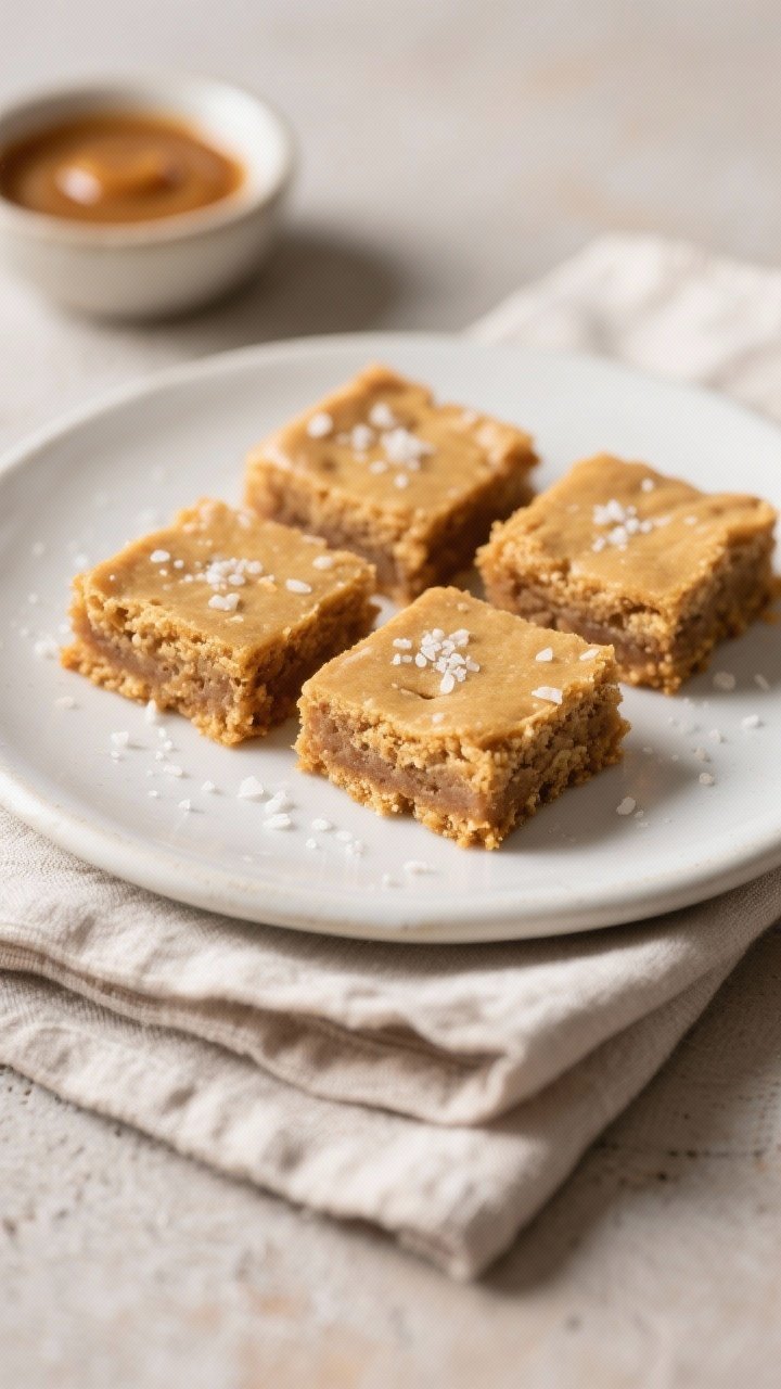 Final dish presentation: Beautifully plated squares of Brown Butter Sugar Cookie Blondies on a matte