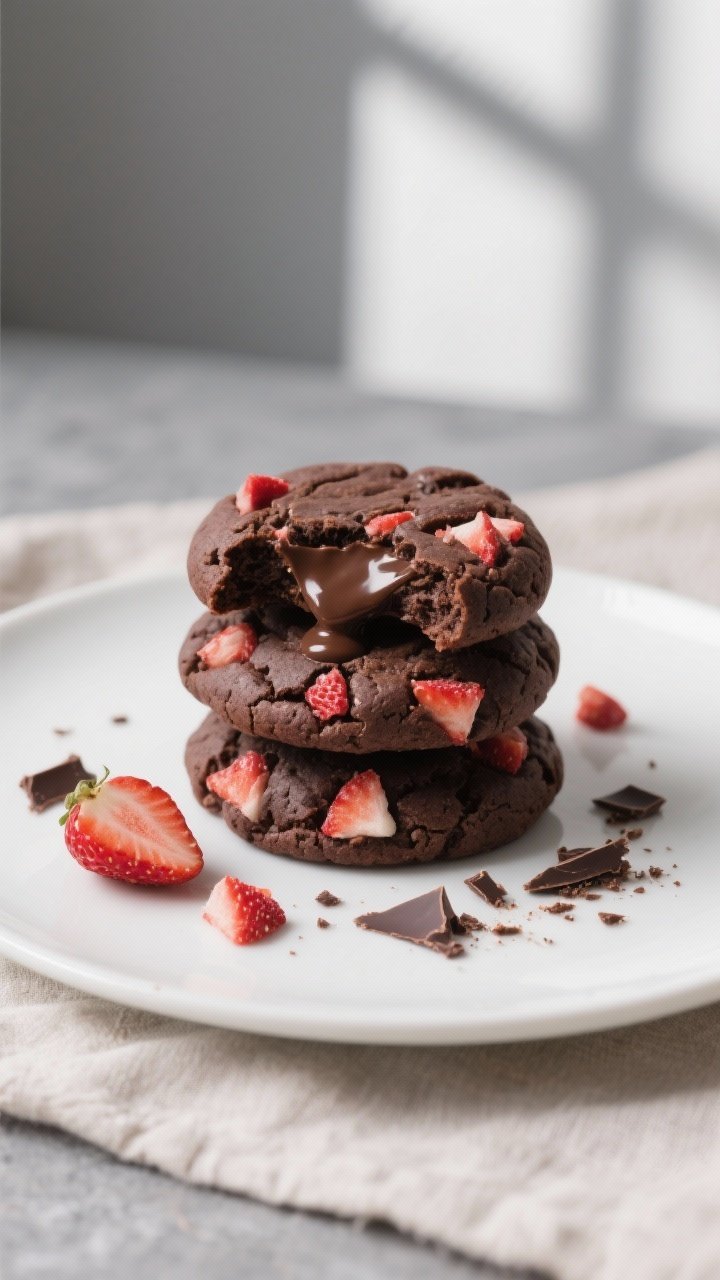 Final dish presentation: beautifully plated stack of three dark chocolate strawberry chunk cookies o